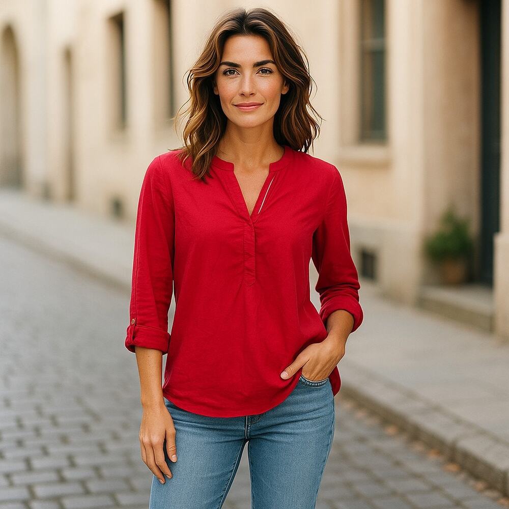 Tommy Hilfiger Womens Red Logo Blouse Size‎ L V-Neck Popover Roll Tab Sleeve